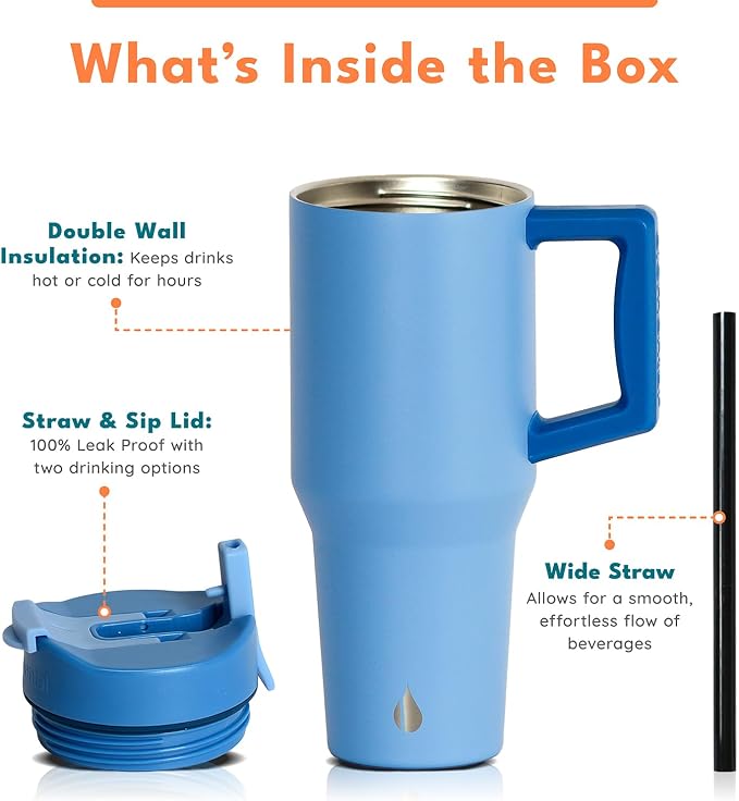 Elemental 100% Leak Proof 32oz Tumbler with Handle & Straw Travel Mug | Stainless Steel Double Wall Insulated Tumbler for Hot and Cold Beverages with Sip & Straw Lid