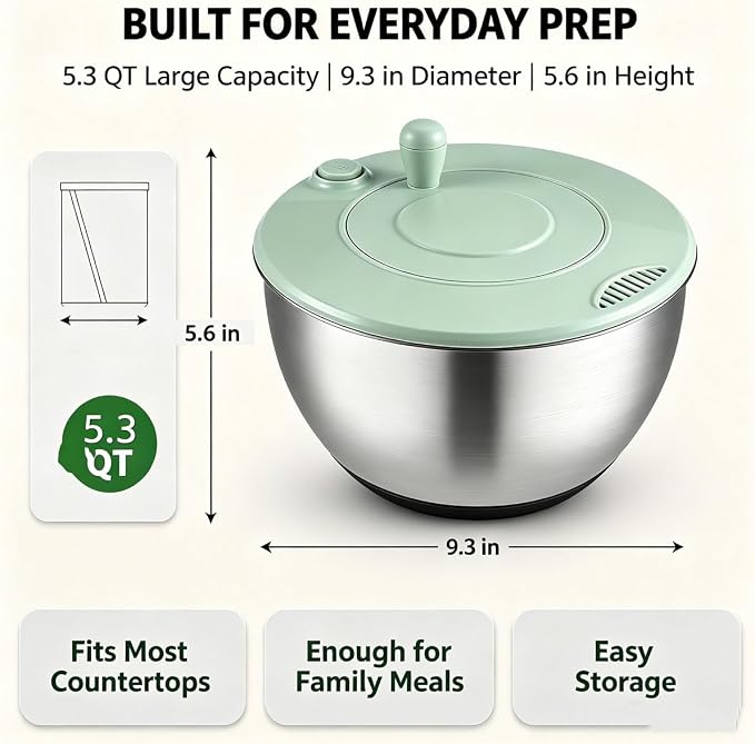 3 in 1 Salad Spinner with Mandoline Slicer, All in One Slicer Bowl, Multifunctional Salad Spinner Small Stainless Steel, Vegetables Wash Bowl, Fruits & Lettuce Dryer with 5 Blade (Green)