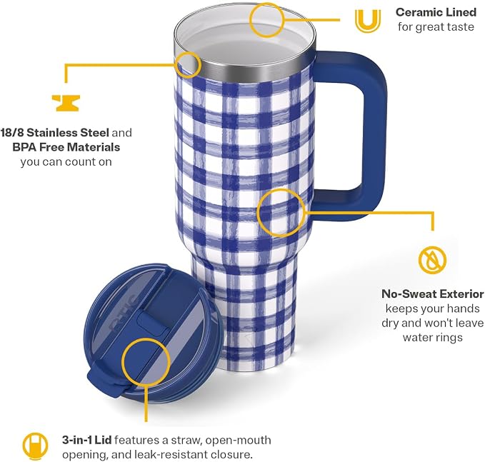 RTIC 40 oz Road Trip Tumbler Double-Walled Cermaic Lined Insulated Stainless Steel Portable Travel Coffee Mug Cup with Lid, Handle and Straw, Cobalt Gingham