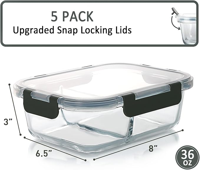M MCIRCO 5 Pack,36 oz, 2 Compartments Glass Meal Prep Containers with Lids | Divided Glass Food Storage Containers, Portion Control Lunch Containers, Microwave, Oven, Freezer, Dishwasher, 4.5 Cups, Gray