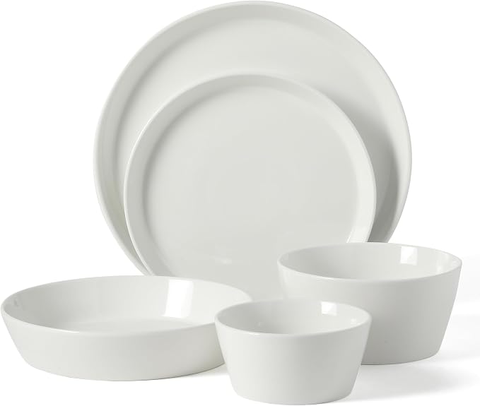 Martha Stewart Selma Plates and Bowls Sets, 30-Piece Porcelain Dinnerware Set for 6, White Dish Set with Dinner Plates, Dessert Plates, Pasta Bowls, Cereal & Fruit Bowls