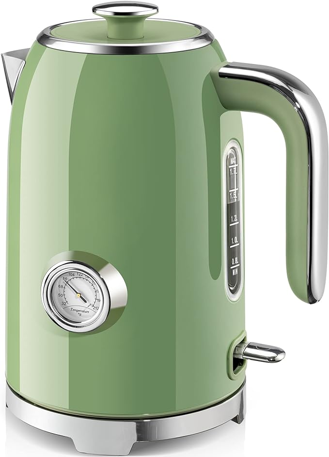 SUSTEAS 57oz Electric Kettle with Thermometer, Hot Water Pot, Retro Green | Electric Tea Kettle for Boiling Water, 1500W Stainless Steel Pot, Cordless LED Indicator, Auto Shut-Off & Boil Dry Protection