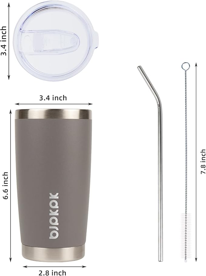 BJPKPK 20 oz Coffee Tumbler with Lid, Straw, Insulated Stainless Steel Mug | Double Wall Vacuum, Keeps Hot/Cold, BPA Free, Leak Proof, Iced Coffee Cup Fit Car Holder, Travel & Beach Ready, Gray