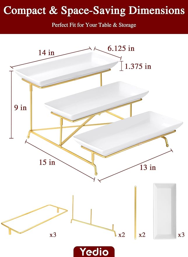 3 Tier Serving Tray Set 14 Inch Porcelain Tiered Serving Platters, Collapsible Sturdier Stand with Stable Cross Bars, Three Layer Serving for Party Entertaining Food Display Fruit Dessert