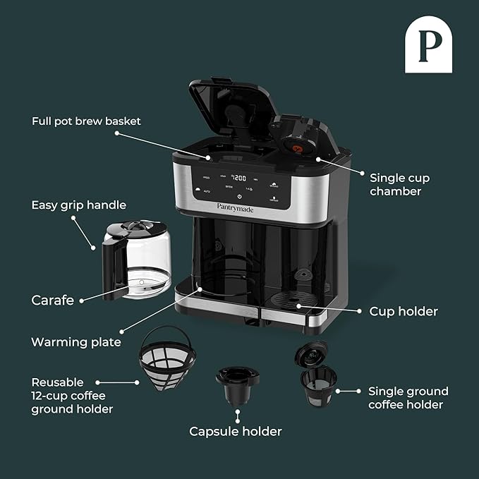 Pantrymade Dual Brew Coffee Maker, 12-Cup Drip & Single Serve K-Cup, Black | Brew a full 12-cup carafe or a single K-Cup pod with programmable touchscreen controls, auto shut-off and reusable filter.