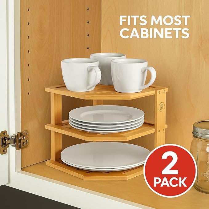 Bamboo Plate Organizer for Cabinet, 3 Tier Corner Shelf Riser, 2 Pack | Holds heavy stacked dishes mugs bowls, non slip feet, tool included easy assembly, kitchen pantry bathroom counter storage