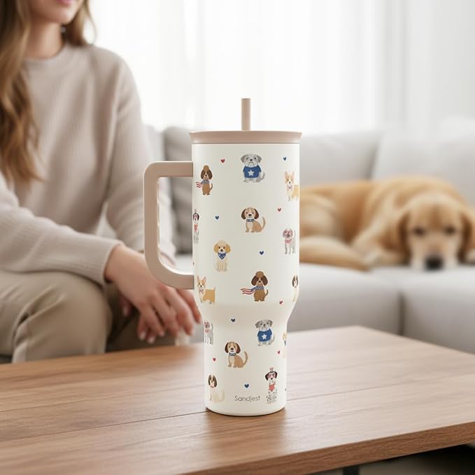 SANDJEST Dogs 40oz Tumbler with Handle and Straw, Insulated Stainless Steel Travel Coffee Mug for Women Girls Dog Lovers Dog Mom, Gift Idea for Birthday Christmas Mothers Day