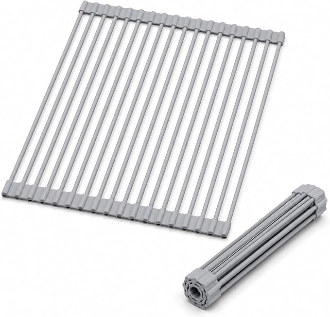 Roll Up Dish Drying Rack for Kitchen Sink, Silicone Wrapped Dish Drainer,Flodable Over Sink Drying Rack,Heat Resistant, Drain Mats, Space Saving, Multipurpose (Gray, Small)