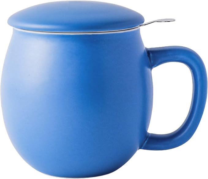 Yundu 12 OZ Matte Blue Ceramics Teacup with Infuser and Lid, Mug with Lid for Steeping - Stainless Steel Infuser for Loose Leaf Tea, Home Office Gift for Tea Lovers