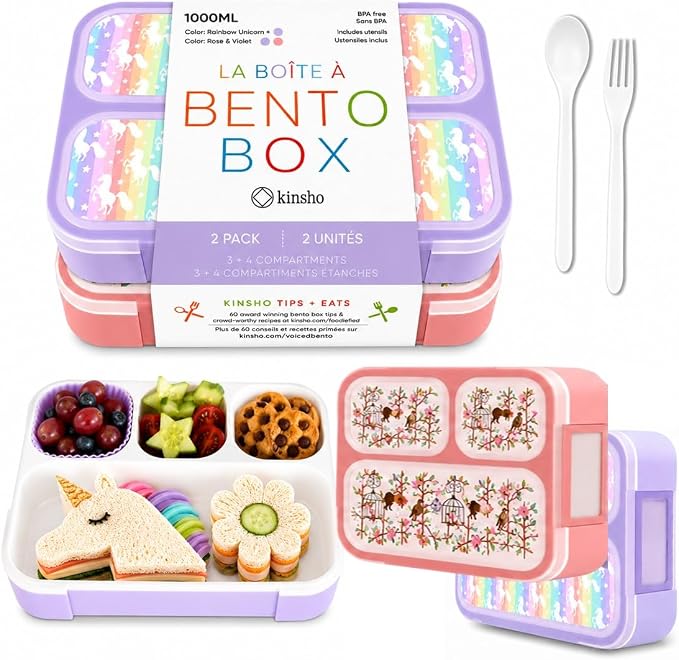 kinsho Bento Box Lunch Boxes for Kids Girls, Meal and Snack Containers for Toddler Daycare, School Travel, Loncheras Para Ninas, Utensils Included (Purple Rainbow Unicorn + Pink Flowers, 2 Pack Set)