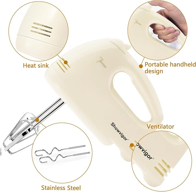 Handmixer Electric Handheld - 7 Speed Portable Kitchen Mixer Electric with 5 Stainless Steel Accessories Whisk, Food Beater for Whipping Mixing Cookies Cakes Eggs, Beige