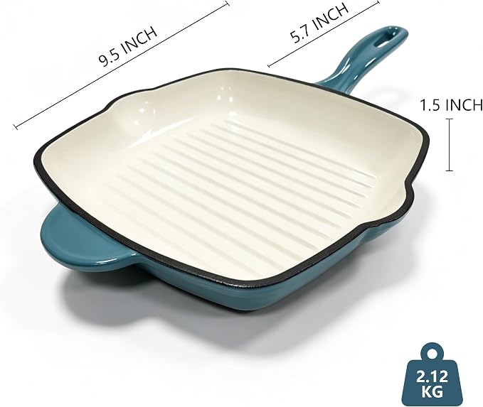 Enameled Cast Iron Steak Grill Pan, Nonstick Square Grilling Pan, Frying Pan (Peacock Blue, 9.5 inch)