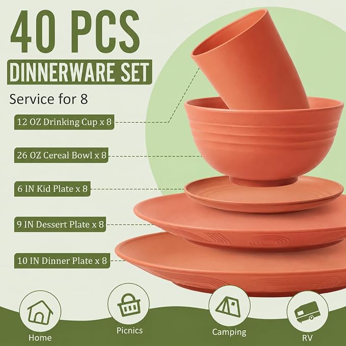 Wheat Straw Dinnerware Sets for 8, 40 Piece Unbreakable Dinnerware Set, Plates and Bowls Sets, Kitchen Plates and Bowls Set, Lightweight Dish Set for Home, Camping, and Everyday Use- Orange