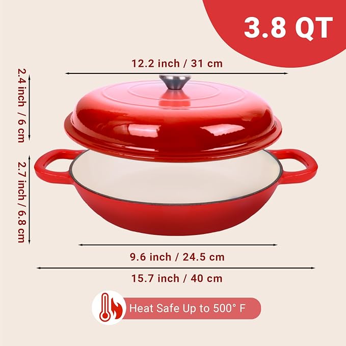Enameled Cast Iron Dutch Oven, 3.8 Quart Dutch Oven Pot with Lid, Non Stick Cast Iron Pot, Round Oven Safe up to 500°F, Use for Marinate, Cook, Bake and Serve – Gradient Red