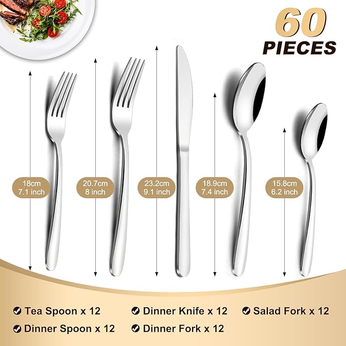 Pleafind 60-Piece Silverware Set Service for 12 - Stainless Steel Flatware Set with Forks, Spoons & Table Knives, Mirror Polished Cutlery Utensil Sets for Home and Restaurant, Dishwasher Safe