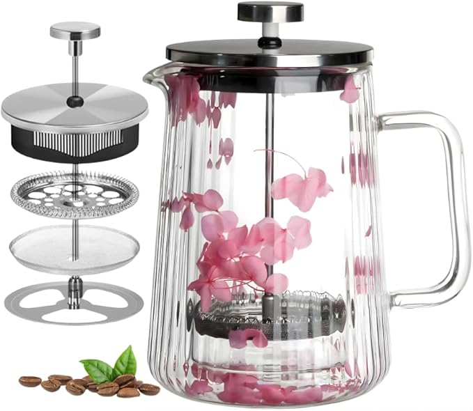 Glass French Press Coffee Maker, Heat Resistant Borosilicate Glass (22oz Pink Floral)
