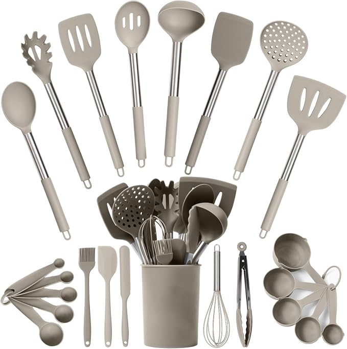 24 PCs Silicone Kitchen Utensils Set, Stainless Steel 450F Heat Resistant | Khaki Cooking Utensils-Set for Nonstick Cookware - Stainless Steel Handle Silicone Spatulas Set & Other Kitchen accessories