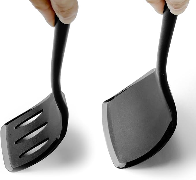 Silicone Pancake Spatula Turner with Lengthened Handle& Seamless Design, Heat Resistant Cooking Spatulas for Nonstick Cookware, Large Flexible Kitchen Utensils, Flipper for Egg, Pancake, Burger, Black