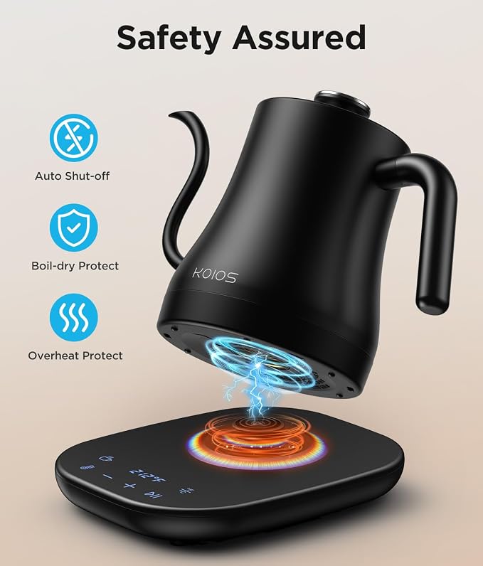 KOIOS Gooseneck Electric Kettle, ±1℉ Temp Control, Mute Mode, 4H Keep Warm | 0.8L Pour Over Kettle, 1200W Fast Heating, Stainless Steel, Coffee & Tea Brewing