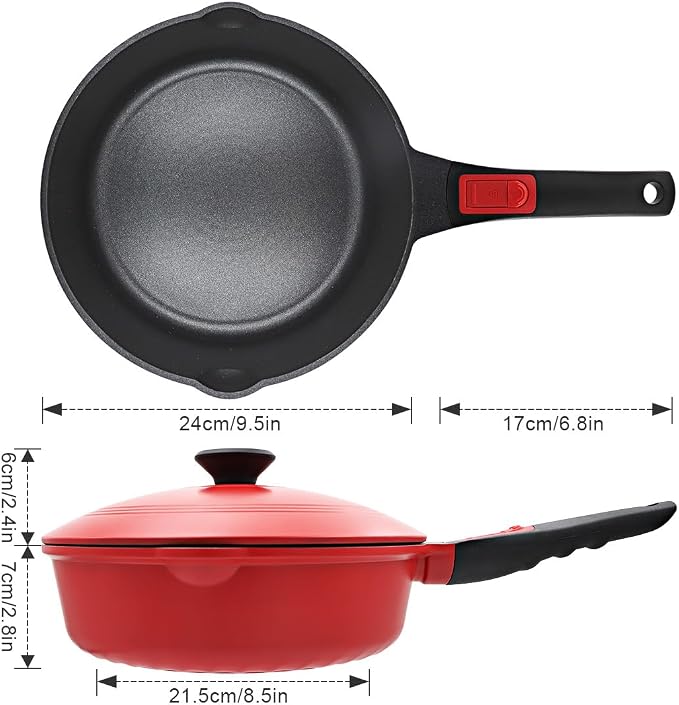 10 Inch Deep Frying Pan Skillet with Lid, Saute Pan Nonstick, Red | Detachable Handle, Suitable for All Stoves, Including Induction, PTFE & PFAS & PFOA Free, Oven Safe