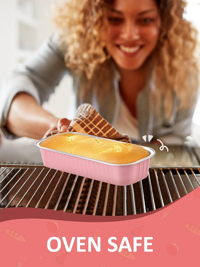 NEEBAKE 150 Pack 6.8 oz Disposable Mini Loaf Pans with Lids and Spoons - 6.5x2.5x1.2 Pink Aluminum Loaf Pans, Small Aluminum Tin Foil Baking Pan, Food Containers for Baking, Cakes, Bread, Loaves