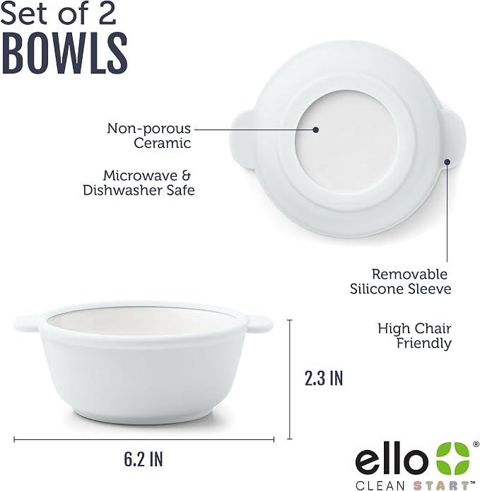 Ello Clean Start Ceramic Toddler Bowls with Sleeves, 2 Pack, Quiet Tide/Tech Blue