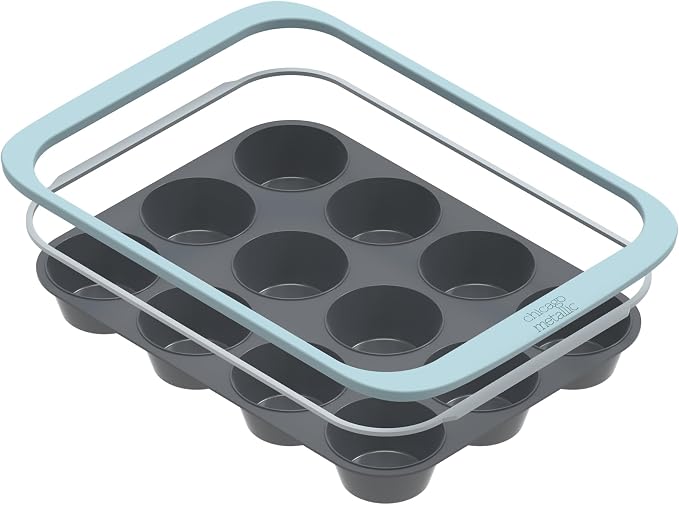 Chicago Metallic 12-Cup Silicone Muffin Pan, Blue - Nonstick Cupcake Baking Pan with Wire-Reinforced Rim, Oven Safe to 428F, Dishwasher Safe, 14.6 x 10.43 Inches