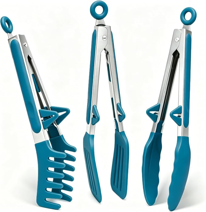 9" Kitchen Tongs for cooking with Silicone Tips, Salad Tongs, Peacock Blue | 3 Pcs Small Silicone Tongs mit Kickstand, Food Grade, 3 different type of tongs, Stainless Steel