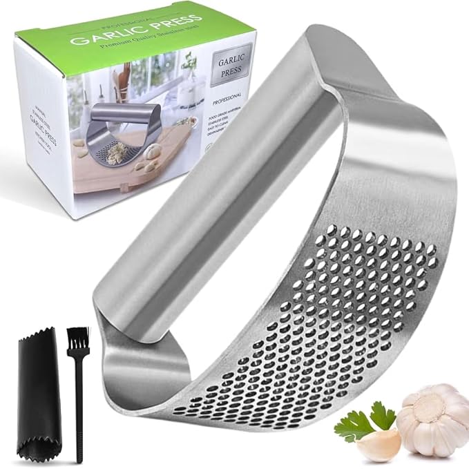 Garlic Press Rocker, Stainless Steel Garlic Mincer and Heavy Duty Stainless Steel Garlic Press Garlic Crusher,mincer tool Easy-Squeeze Garlic Tool with Peeler Cleaning Brush for Smashing Garlic