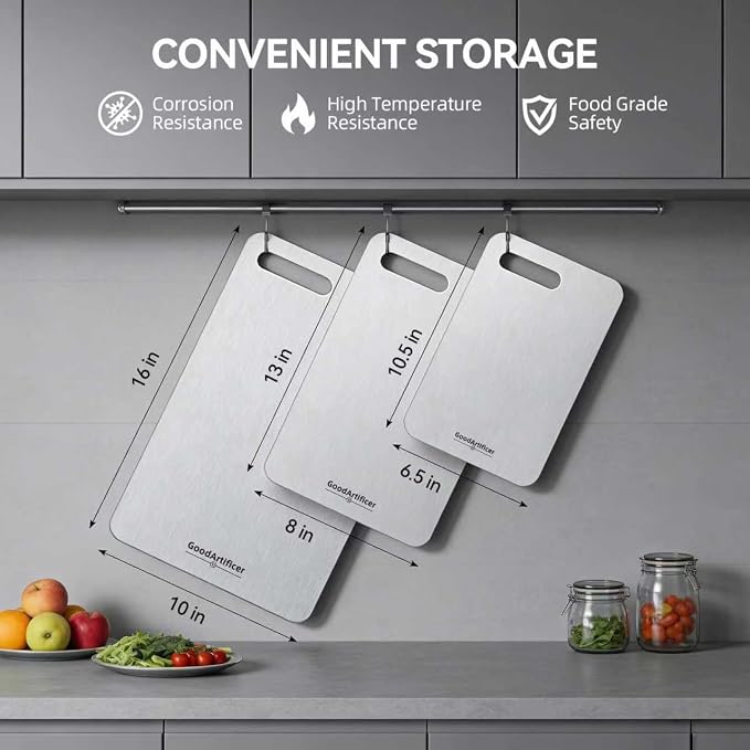 100% Pure Titanium Cutting Board for Kitchen Double-Sided Non-Toxic Titanium Cutting Board with Handle, Dishwasher Safe Chopping Board for Meat, Vegetables & Fruits, Cutting Board Set in S/M/L Sizes
