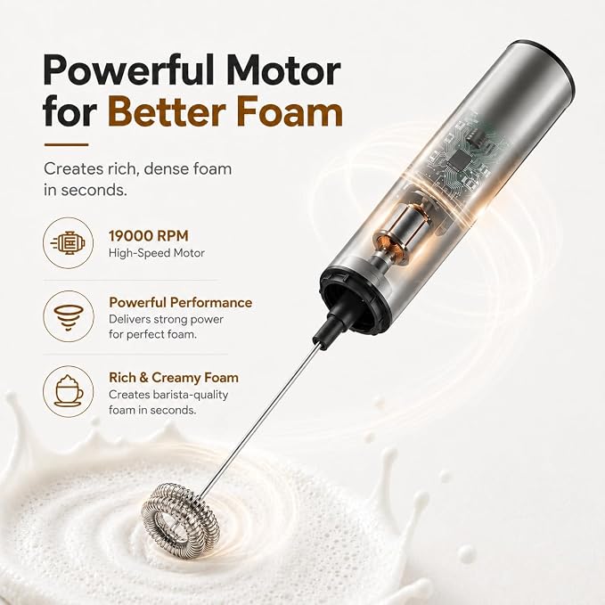 Rechargeable Milk Frother with Stand, Electric Whisks Foam Maker, POWERFUL USB C 2 Speed Handheld Drink Mixer for Coffee, Latte, Cappuccino, Matcha Drinks,Silver