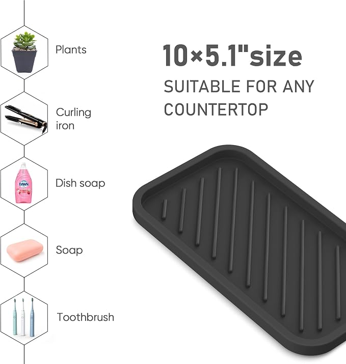 Kitchen Sink Organizer Tray,Sponge Holder for Kitchen Sink Bathroom（Black） | Counter Tray Sponge Caddy Silicone Soap Holder for Soap Dispenser, Bottle, Dishwashing Accessories(2-Pack)