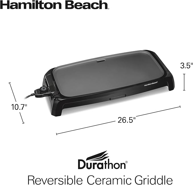 Hamilton Beach 200 Sq. In. Electric Griddle With Adjustable Temperature | 200 to 400 degrees | PTFE & PFOA Free Durathon Ceramic Reversible Nonstick Surface | Removable Drip Tray | Black | 38522