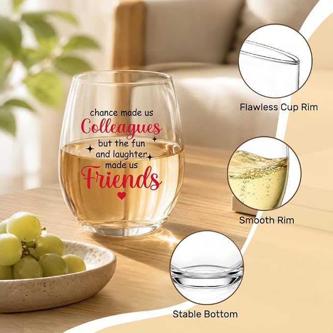 Chance Made Us Colleagues But Fun and Laughter Made Us Friends Stemless Wine Glass, Coworker Glassware Gifts for Men Women, Colleagues Wine Glass for Office Party Farewell Birthday Christmas