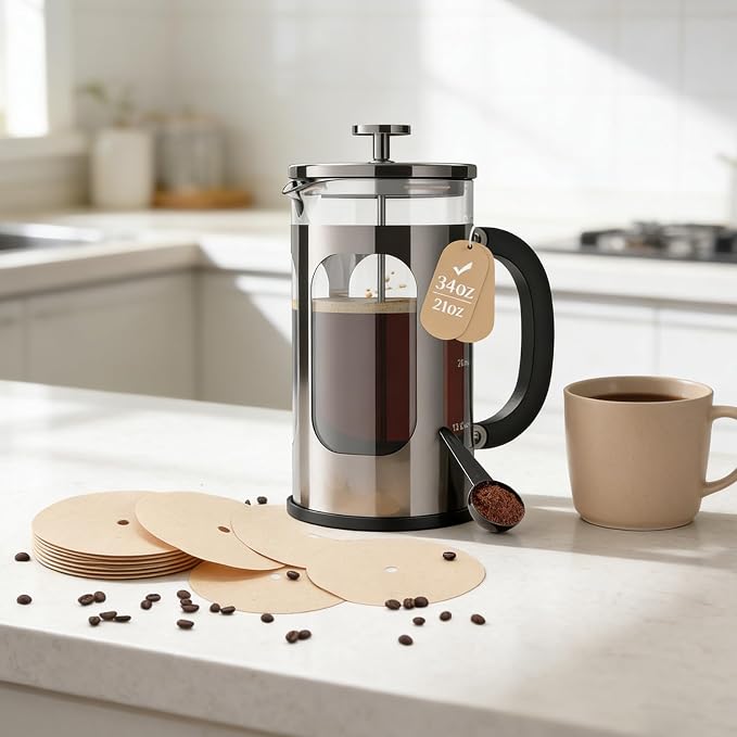 100 Pcs Disposable Coffee Filters for Veken 34oz, Cafe Du Chateau 34 Oz | Percolator Filters for Utopia Kitchen 34oz French Press, High Temperature Resistant, No Extra Paper Taste