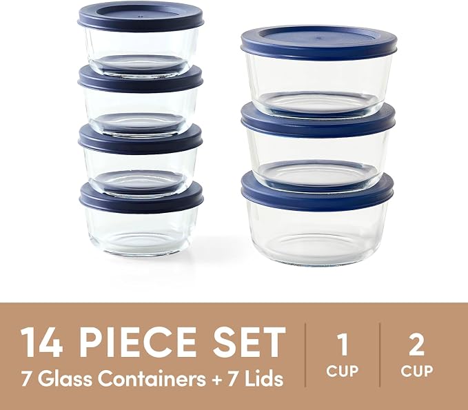 14-Piece Glass Food Storage Containers Set (7 Containers + 7 BPA-Free Lids) | 1-Cup & 2-Cup, Leakproof | Microwave, Freezer, Oven & Dishwasher Safe | Ideal for Meal Prep & Pantry Organization, Blue