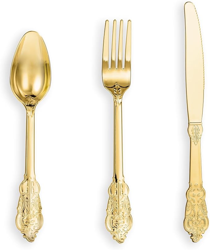 120PCS Gold Plastic Silverware, Vintage Disposable Utensils & Cutlery | 40 Fancy Forks, Spoons, Knives, Heavy Duty, BPA-Free, for Party, Weddings, Birthday & Holiday