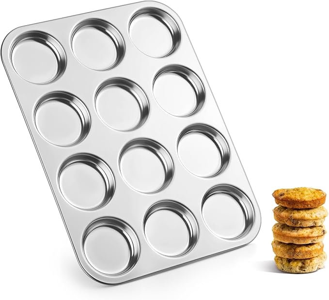 E-far 12-Cavity Muffin Top Pan, Stainless Steel Shallow Cupcake Pan for Yorkshire Pudding, Eggs, Whoopie Pie, Cornbread, Non-toxic & Dishwasher Safe