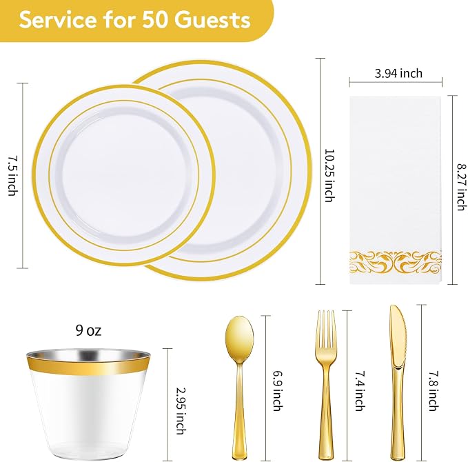 350 Pcs Gold Dinnerware Sets for 50 Guests, Disposable Plate Sets | for Party, Wedding, Include: 50 Gold Rim Dinner Plates, 50 Dessert Plates, 50 Paper Napkins, 50 Cups, 50 Gold Silverware Set