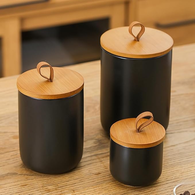 Ceramic Storage Jars, Modern Airtight Canisters with Wooden Lid (Black medium)