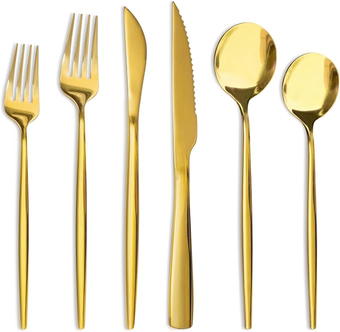 Astercook 24-Piece Gold Silverware Set with Steak Knives Flatware Set for 4 Food-Grade Stainless Steel Cutlery Set Mirror Polished Utensils Set Include Spoons and Forks for Home Kitchen Restaurant