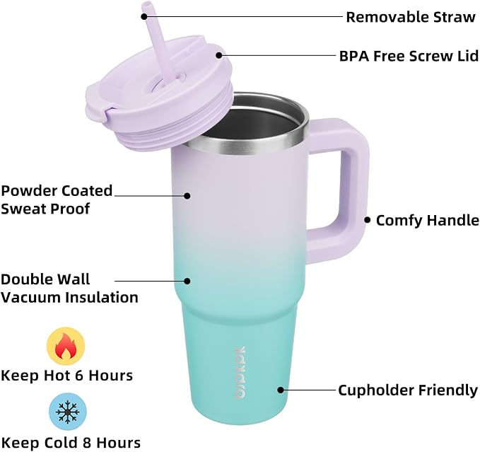 BJPKPK 30 oz Insulated Tumbler with Handle & Straw, Stainless Steel | Double Wall Vacuum Insulation, Leak Proof, BPA Free, Dishwasher Safe, Cupholder Friendly, Travel & Outdoor, Lavender Green