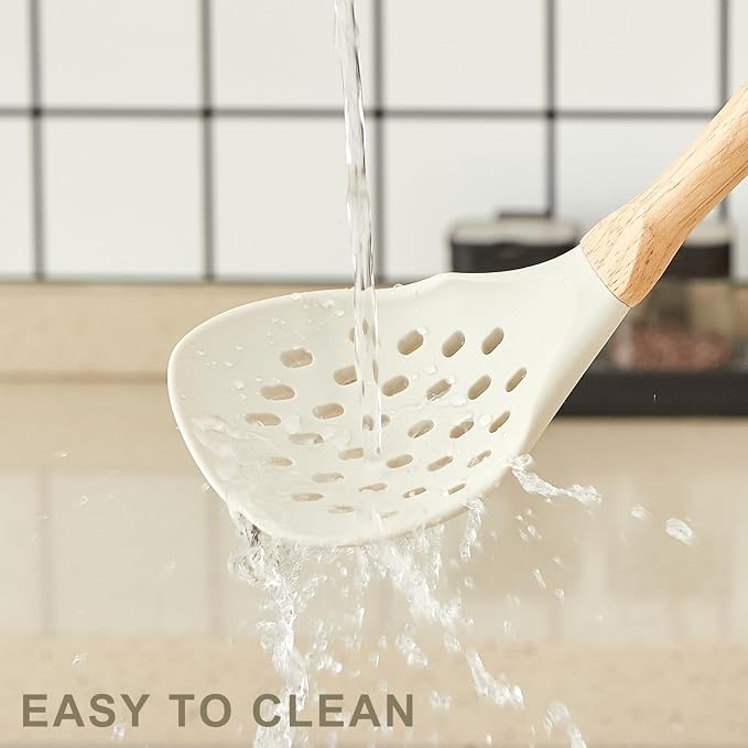 Kitchen Utensils Set - 7 PCS Non-Stick Silicone Cooking Utensils Set Spatula Set with Holder, Wooden Handle Spoon,Tongs,Whisk Kitchen Gadgets Tools Set for Nonstick Cookware (Cream White-7Max)