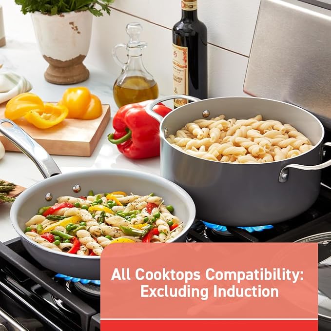 T-fal Fresh Gourmet Recycled Ceramic Non Stick Cookware Set 12 Piece, Oven Broiler Safe 500F, Lid Safe 350F, Kitchen Cooking Set W/Fry Pans, Saucepans, Dutch Oven, Utensils, Pots and Pans Set, Grey