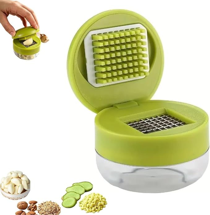 Garlic Crusher and Mincer,Garlic Press and Chopper with Container, Stainless Steel Blade Garlic Slicer, Manual Garlic Cutter for Kitchen Cooking and Food Prep -green