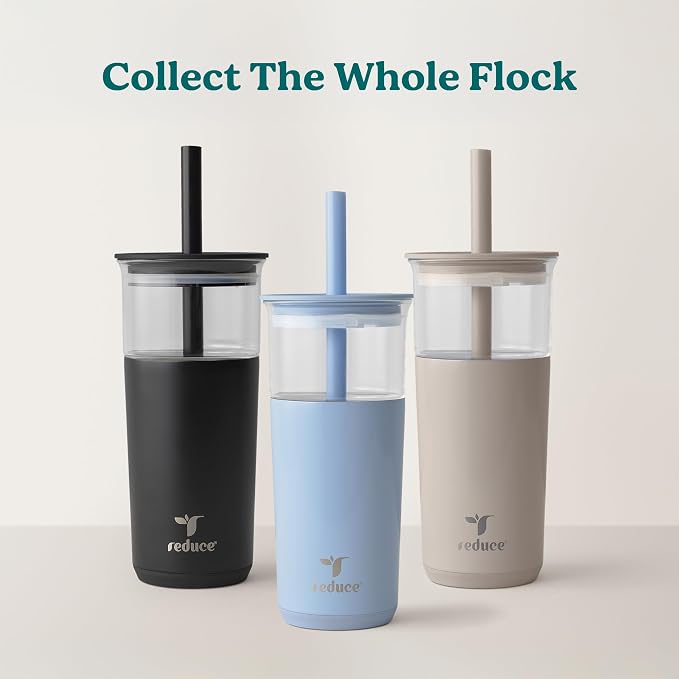 REDUCE Aspen - 20oz Vacuum Insulated Glass Tumbler - Extra Wide Straw & Lid | Keeps drinks cold for 12 hours, ideal for iced coffee, smoothies & boba, dishwasher safe, soft base