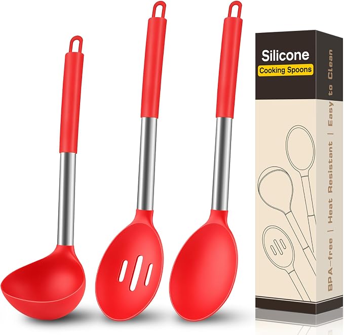 3Pcs Silicone Cooking Spoon Set, Kitchen Utensils Include Solid & Slotted Spoon, Soup Ladle, Food-Grade Heat Resistant 446°F, Non-Scratch Spoons for Serving, Stirring, Draining, Dishwasher Safe, Red