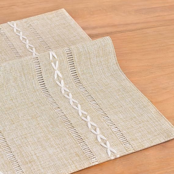 Wracra Cotton Linen Place Mats, Coffee Embroidered Placemats Set of 6 | Placemats 12 x 18 Inch; Cotton Linen Woven Fabric; Heat Resistant Table Mats; Raised Embroidered Hollow Design