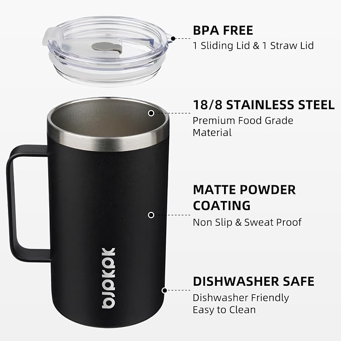 BJPKPK 25oz Insulated Coffee Mug with Handle, Stainless Steel Travel Mug | Keeps Drinks Hot & Cold, Double Wall Vacuum, 2 Lids Included, BPA-Free Coffee Tumbler for Home, Office & Travel