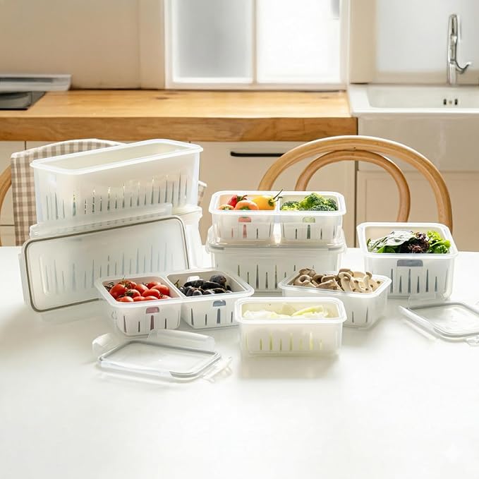 12.7 Cup Produce Saver Container for Fridge with Colander - 3.0L | Airtight Fruit & Vegetable Storage Bin, Removable Strainer Basket, BPA-Free, Stackable, White Colander